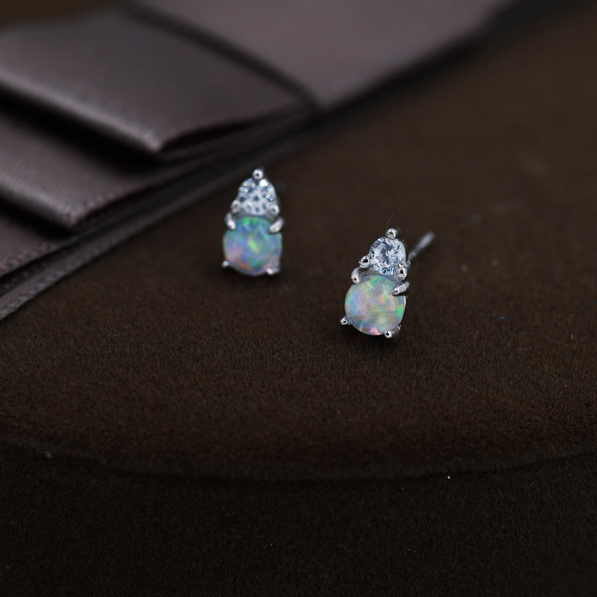 Opal with CZ Stud Earrings in Sterling Silver, Silver, Gold or Rose Gold, Vintage Inspired