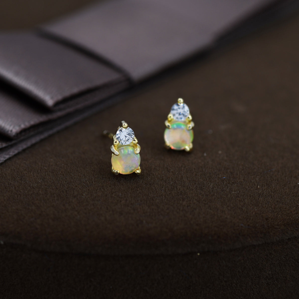 Opal with CZ Stud Earrings in Sterling Silver, Silver, Gold or Rose Gold, Vintage Inspired