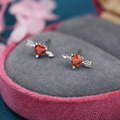 Red Heart Arrow Stud Earrings in Sterling Silver, Silver or Gold, Red CZ Crystal Struck Heart Earrings, Arrow Earrings