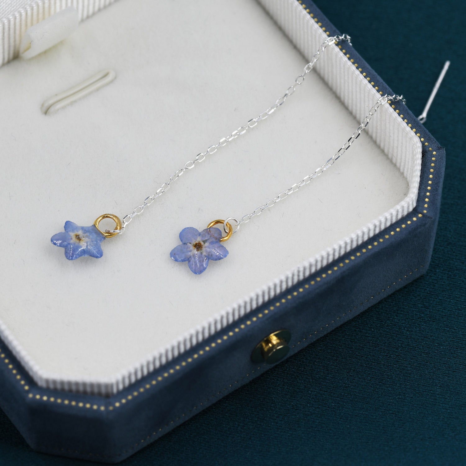 Real Forget-Me-Not Flower Tiny Ear Threaders in Sterling Silver, Real Flower Threader Earrings, Resin Flower Jewellery - Blue