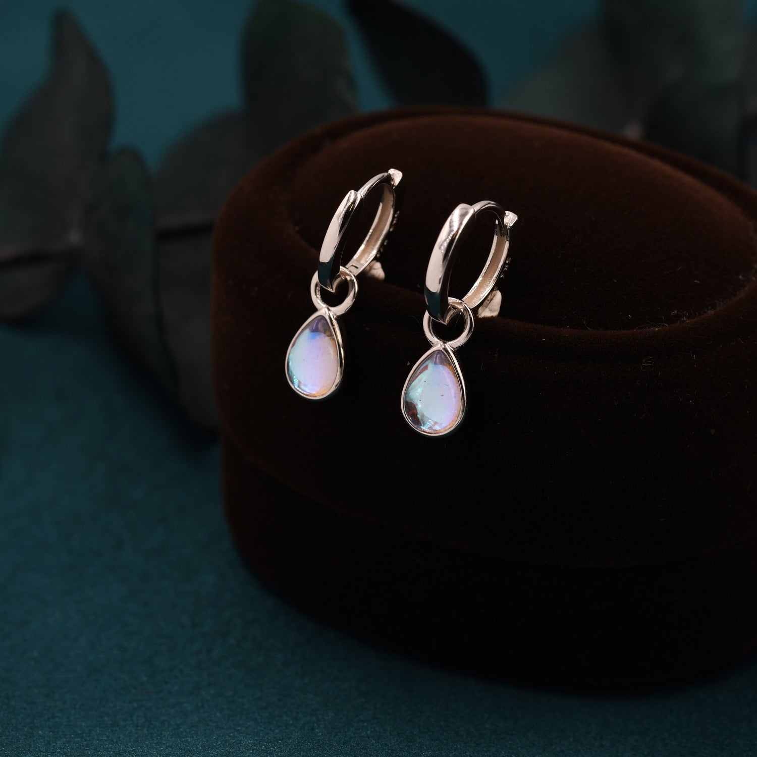 Moonstone Droplet Huggie Hoop Earrings in Sterling Silver,  Simulated Moonstone Hoops, Silver or Gold,  Detachable