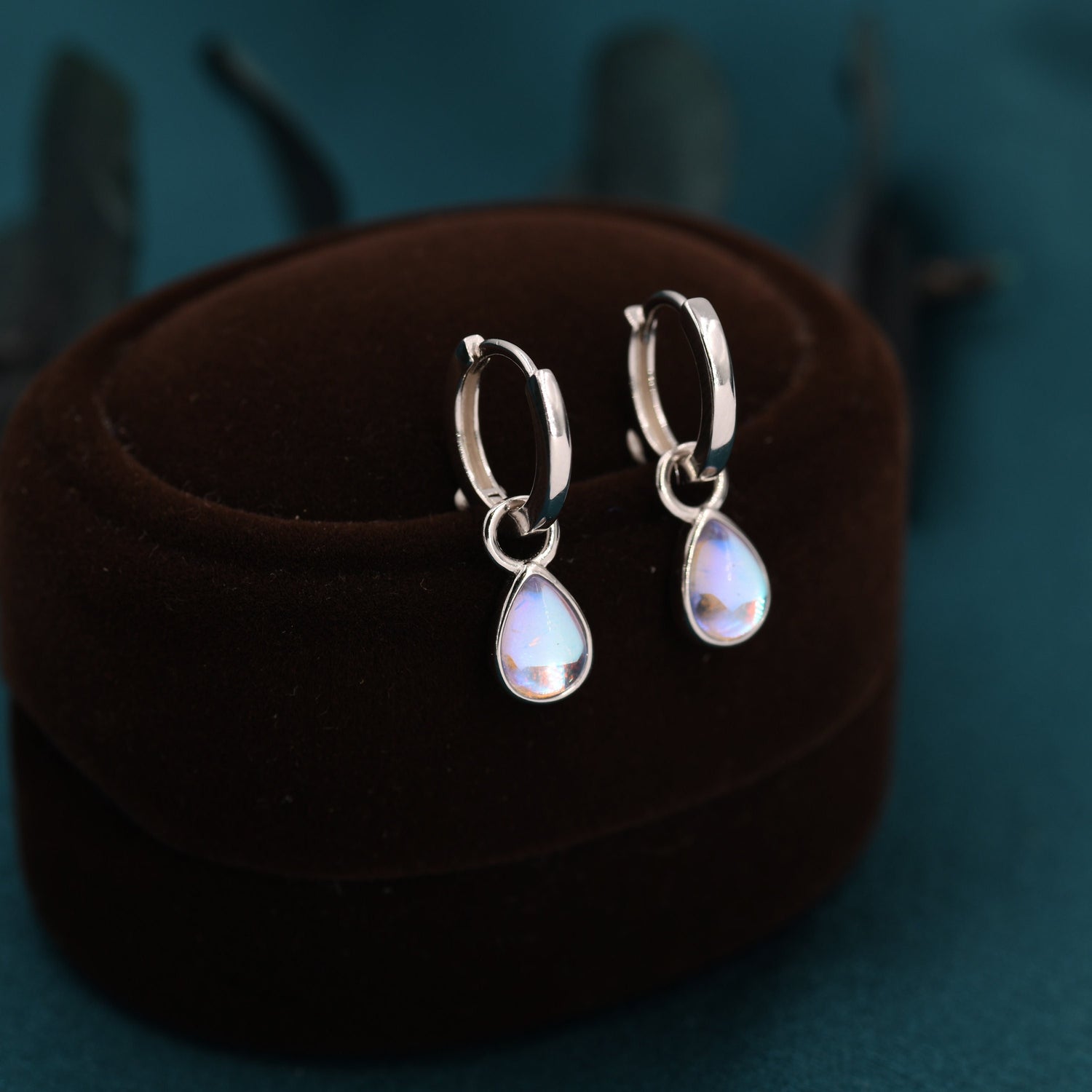 Moonstone Droplet Huggie Hoop Earrings in Sterling Silver,  Simulated Moonstone Hoops, Silver or Gold,  Detachable