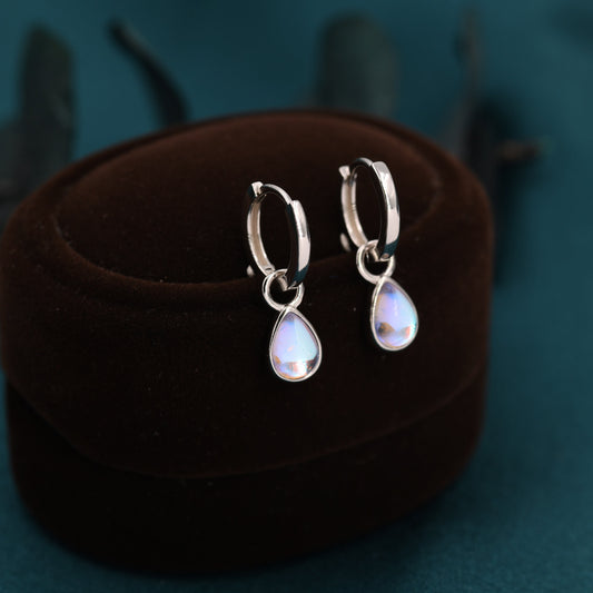 Moonstone Droplet Huggie Hoop Earrings in Sterling Silver,  Simulated Moonstone Hoops, Silver or Gold,  Detachable