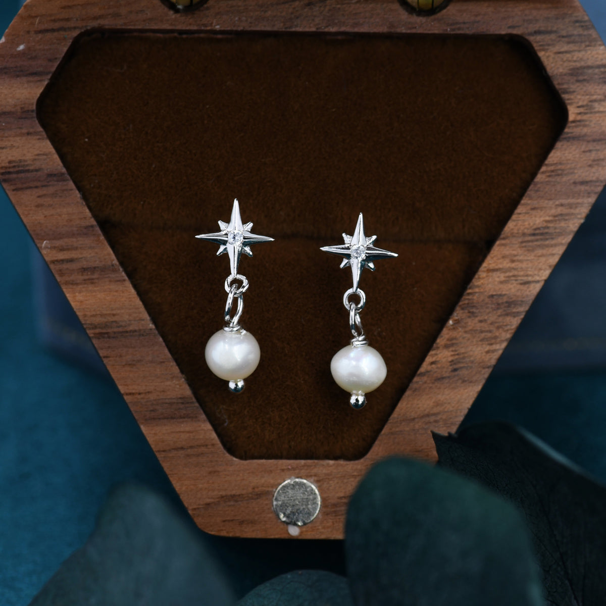 Tiny Starburst and Dangle Pearl Stud Earrings in Sterling Silver, Silver, Gold or Rose Gold, Star Earrings, Sunburst Earrings, Celestial
