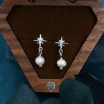 Tiny Starburst and Dangle Pearl Stud Earrings in Sterling Silver, Silver, Gold or Rose Gold, Star Earrings, Sunburst Earrings, Celestial