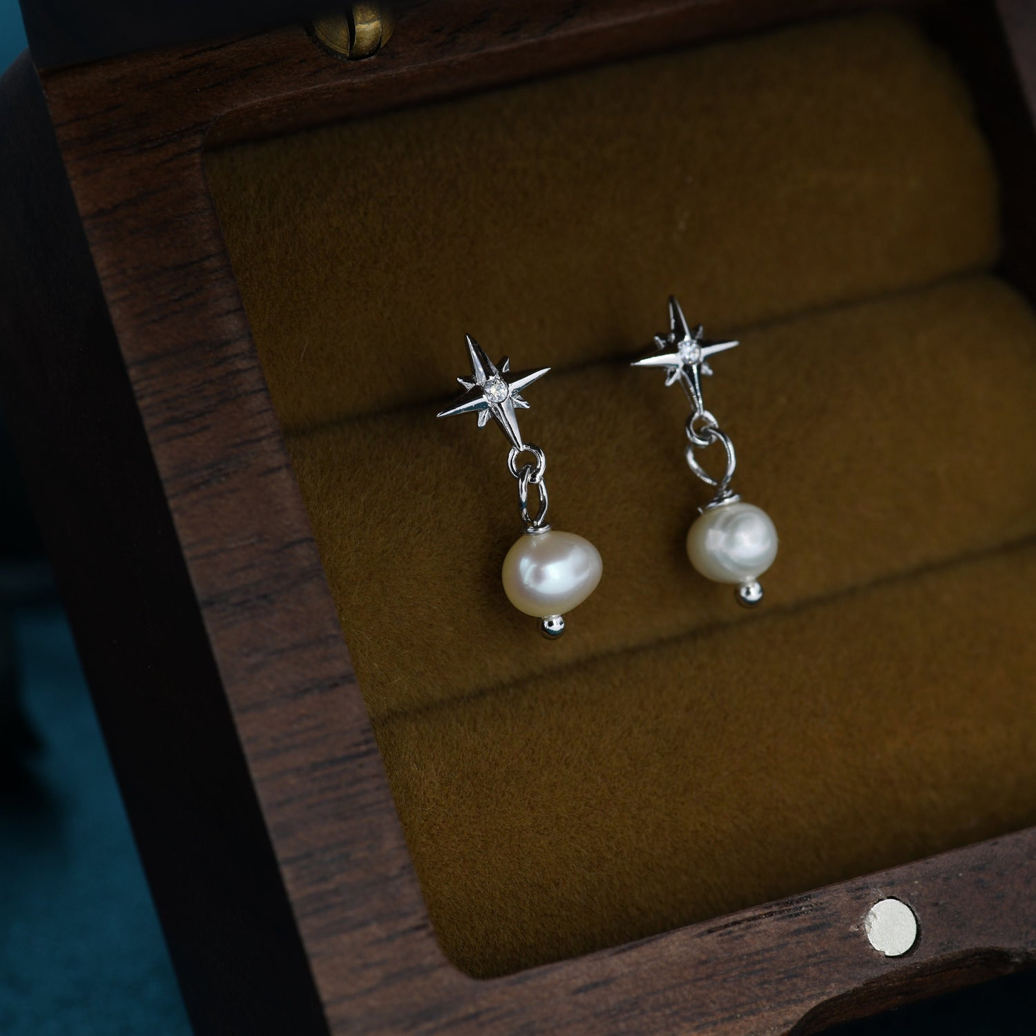 Tiny Starburst and Dangle Pearl Stud Earrings in Sterling Silver, Silver, Gold or Rose Gold, Star Earrings, Sunburst Earrings, Celestial