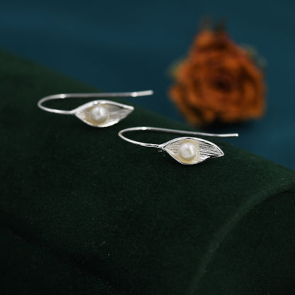 Sterling Silver Calla Lily Flower Hook Earrings with Fresh Water Pearls, Nature Inspired Pretty and Elegant Jewellery