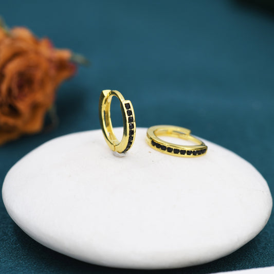 Extra Skinny Black CZ Huggie Hoop in Sterling Silver, Silver or Gold,  8mm Inner Diameter Hoop Earrings, May Birthstone