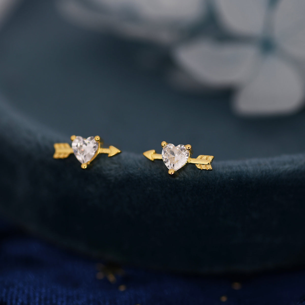 Heart Arrow Stud Earrings in Sterling Silver, Silver or Gold, CZ Crystal Struck Heart Earrings, Arrow Earrings