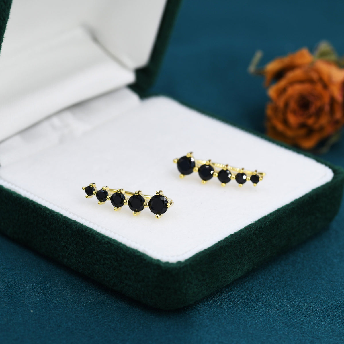 Black CZ Crystal Crawler Earrings in Sterling Silver, Silver or Gold