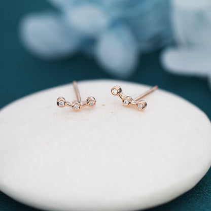 Sterling Silver Three Dot Stud Earrings, CZ Trio Constellation Design, Rose Gold Coated Silver, Dainty and Delicate Tiny Jewellery