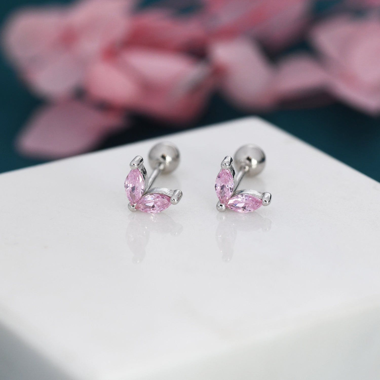 Sterling Silver Rose Pink CZ Marquise Leaf Duo Barbell Earrings,  Gold or Silver, Marquise Fan Screwback Earrings, Two Marquise