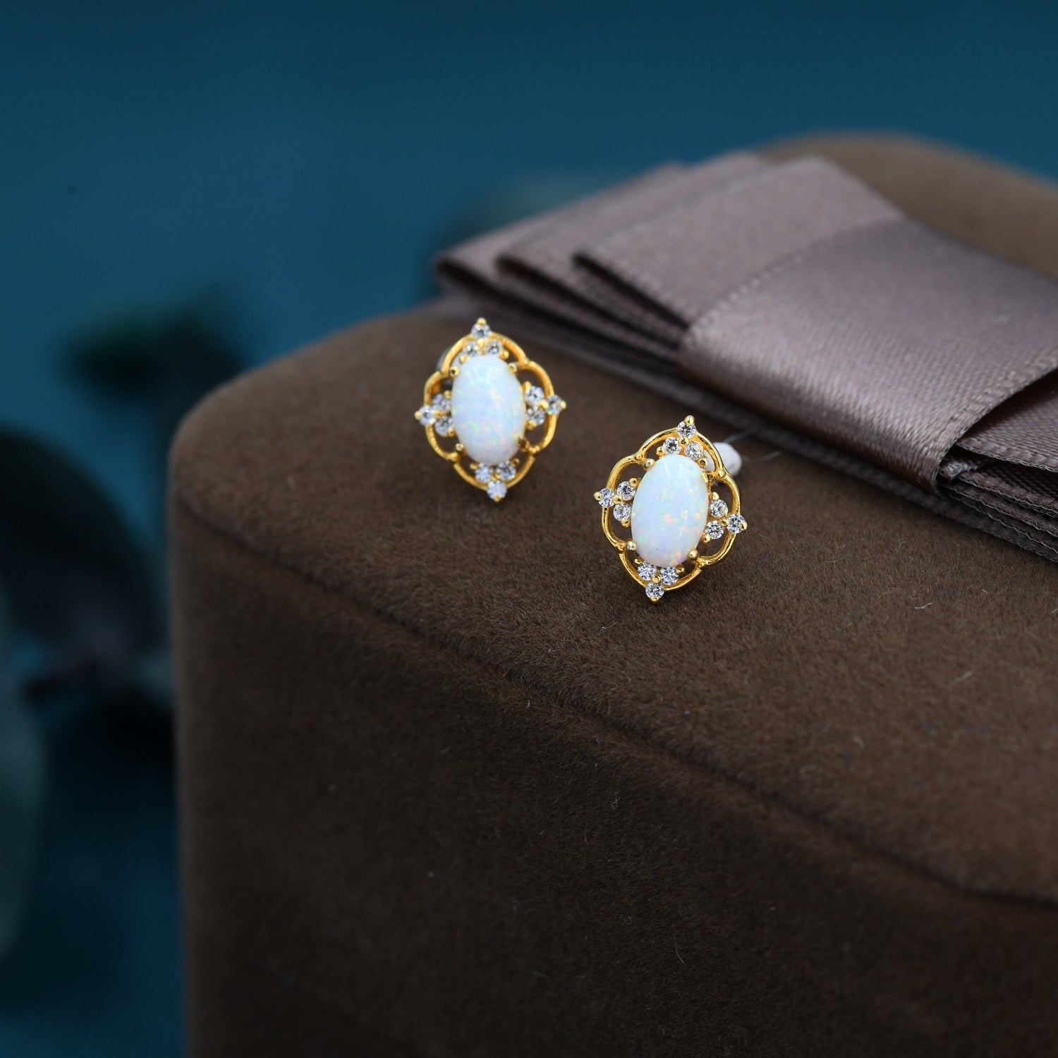 Vintage Style Opal Stud Earrings in Sterling Silver, Gold over Sterling Silver, Opal Earrings