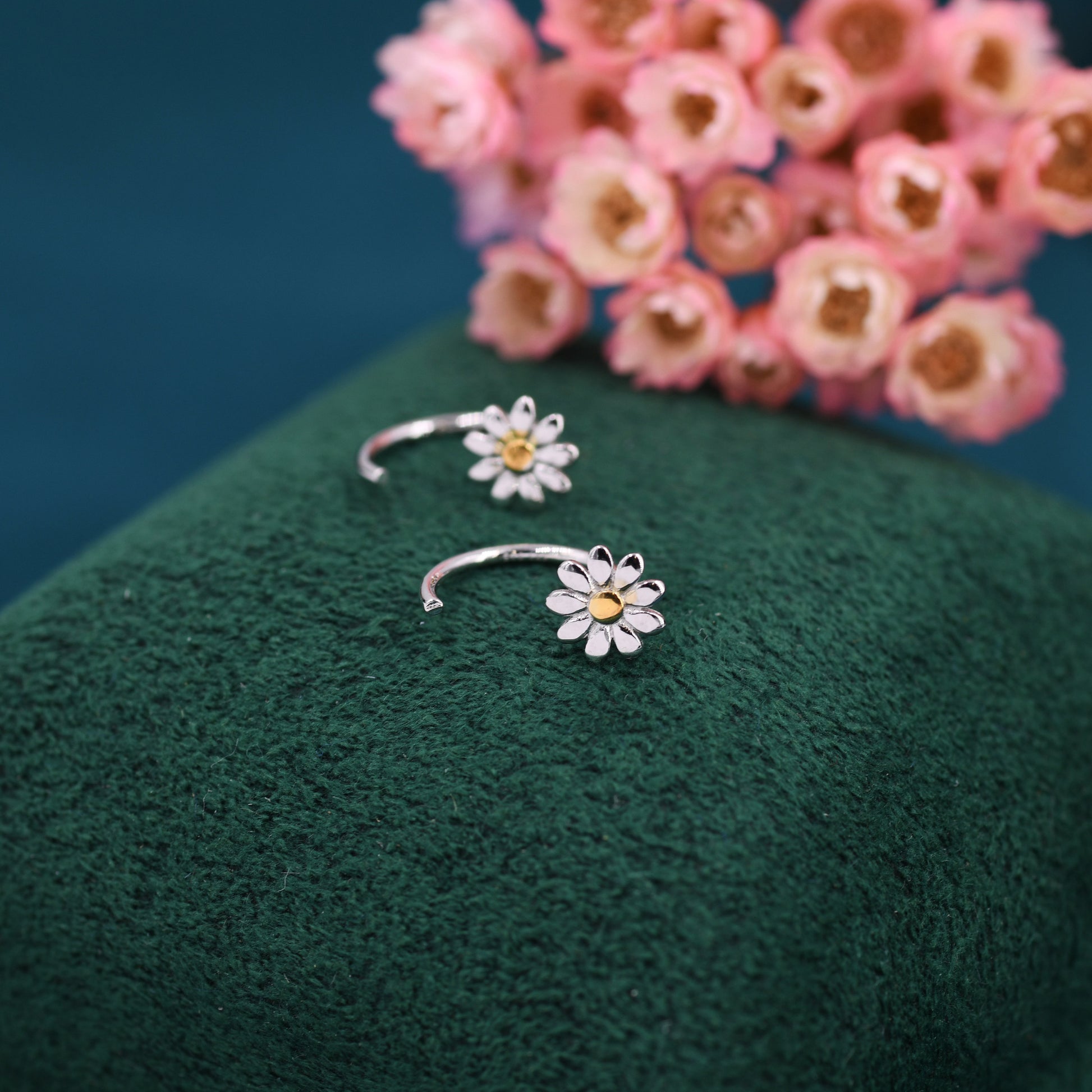 Flower Huggie Hoop Earrings in Sterling Silver, Curved Post Earrings, Open Hoops, Pull-Through Threader Earrings,