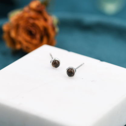 Sterling Silver Smoky Quartz Stud Earrings, 3mm Genuine Smoky Quartz Earrings, Bezel, Minimalist Style