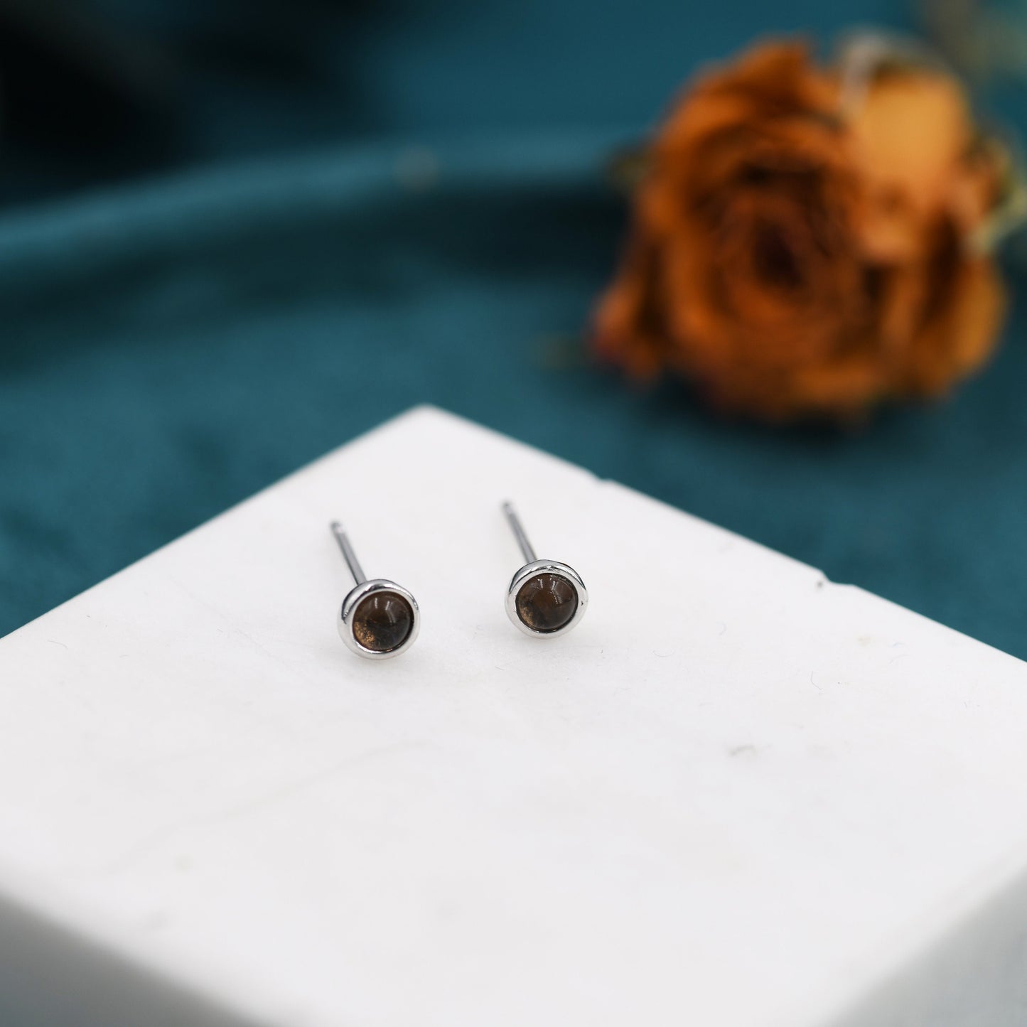 Sterling Silver Smoky Quartz Stud Earrings, 3mm Genuine Smoky Quartz Earrings, Bezel, Minimalist Style