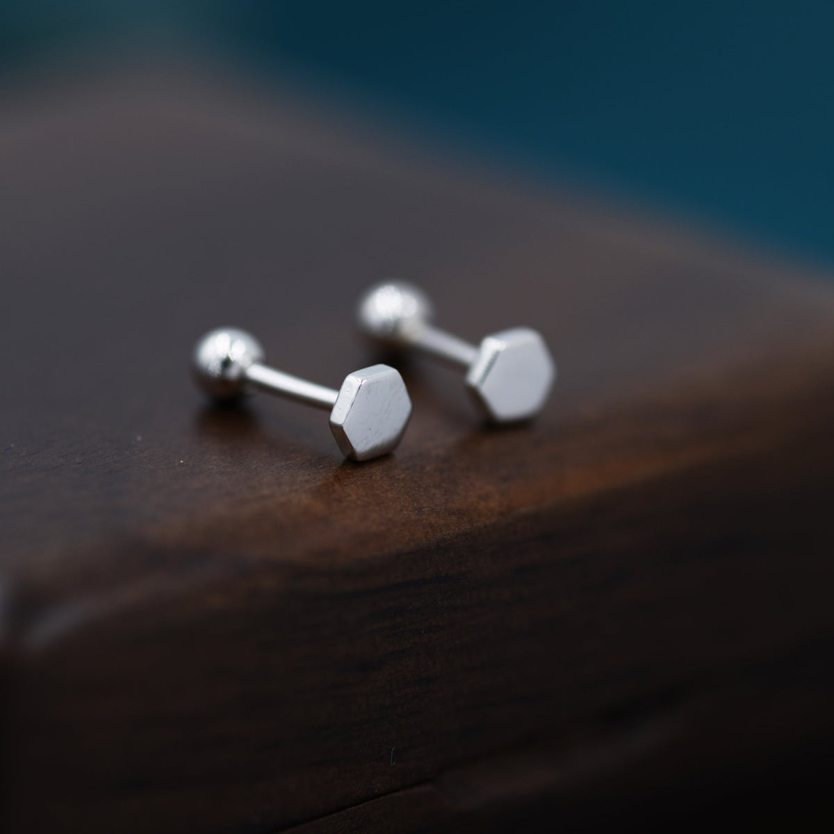 Tiny Hexagon Barbell Earrings in Sterling Silver, Silver or Gold, Screw Back Black Hexagon Earrings, Screwback Earrings