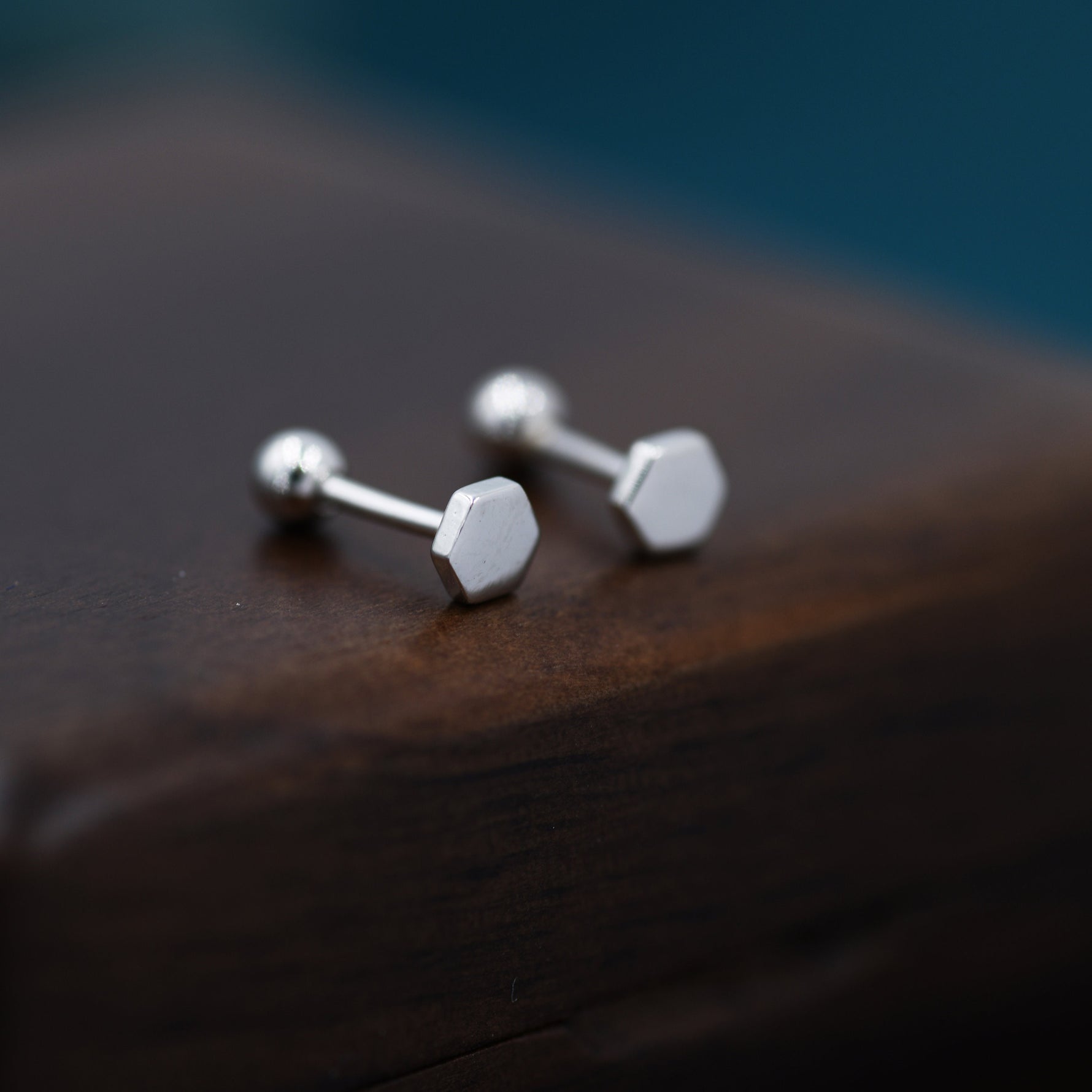 Tiny Hexagon Barbell Earrings in Sterling Silver, Silver or Gold, Screw Back Black Hexagon Earrings, Screwback Earrings