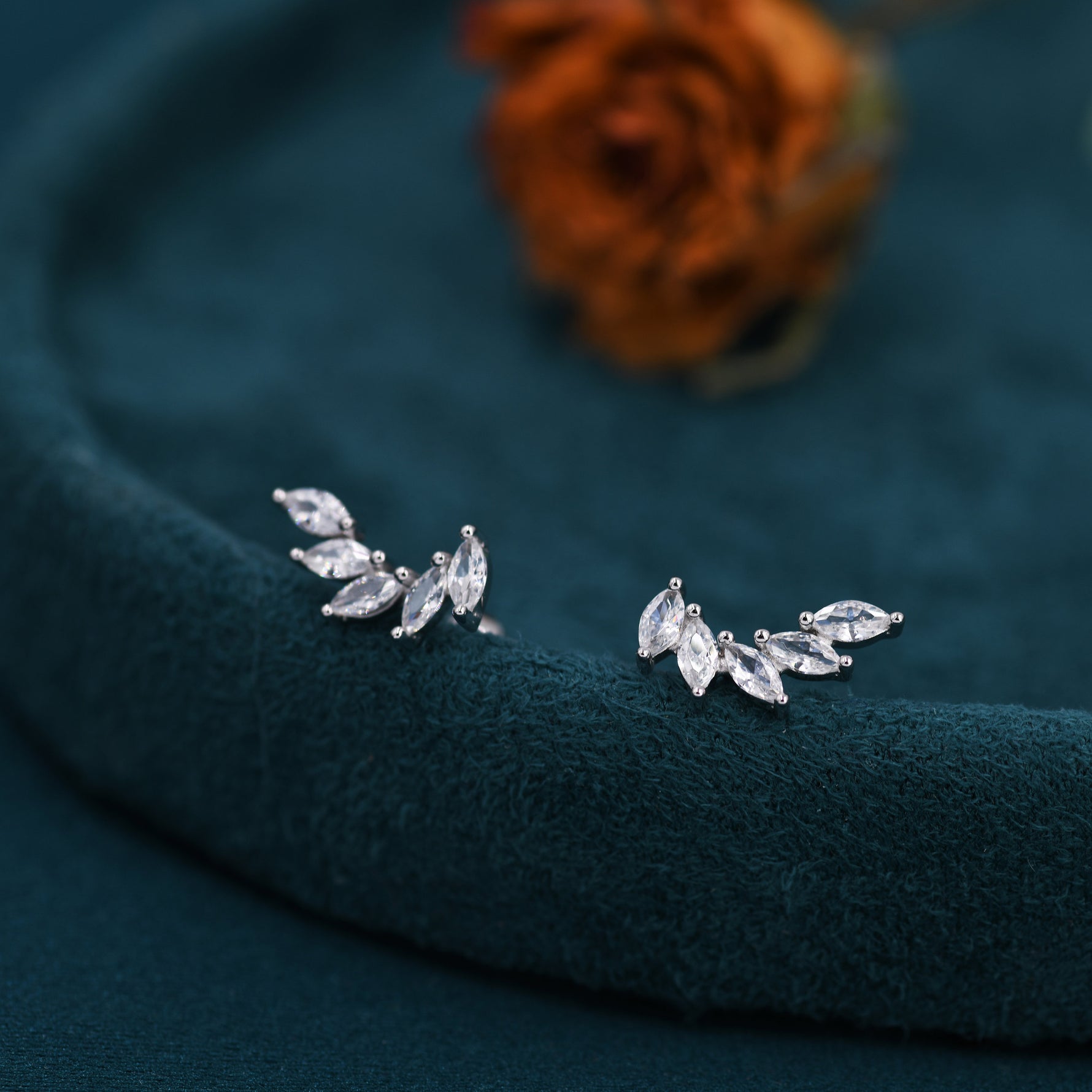 CZ Cluster Stud Earrings in Sterling Silver, Silver or Gold, Dainty Marquise Crystal Mini Crawler Earrings, Bridesmaid's Jewellery