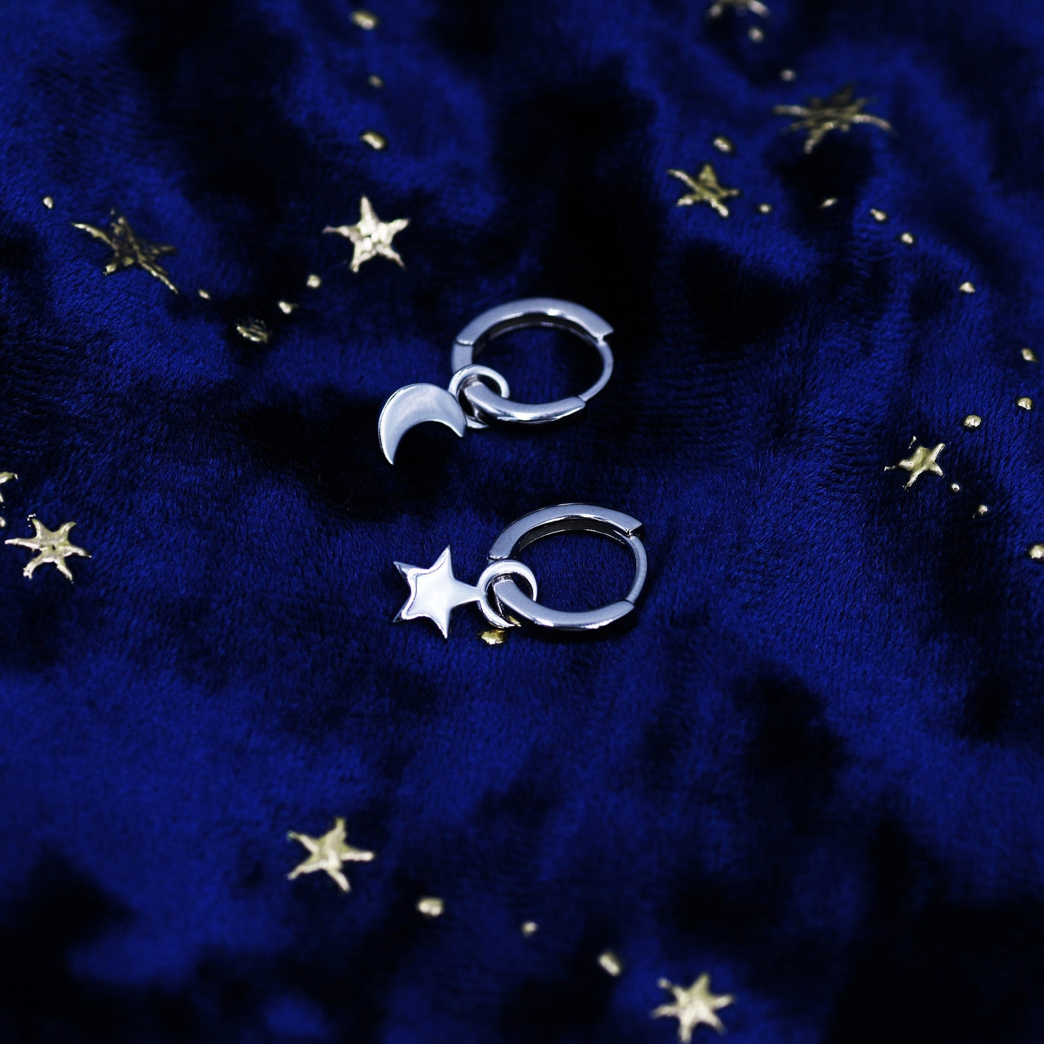 Mismatched Moon and Star Charm Huggie Hoop Earrings, Detachable Charm Hoops, Celestial Earrings, Silver, Gold and Rose Gold