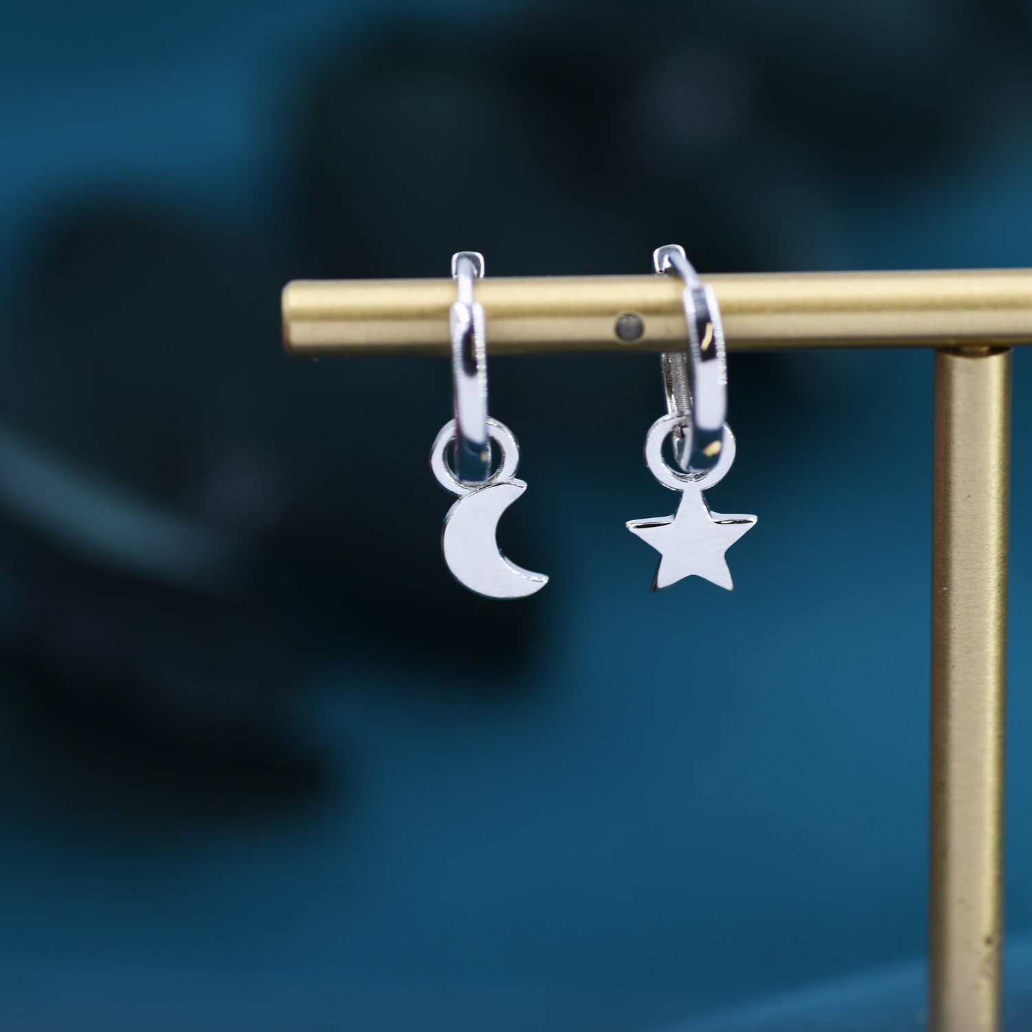 Mismatched Moon and Star Charm Huggie Hoop Earrings, Detachable Charm Hoops, Celestial Earrings, Silver, Gold and Rose Gold