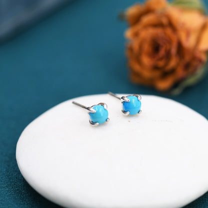 Sterling Silver Turquoise Stud Earrings, 4mm, Genuine Turquoise Gemstone Stud, Turquoise Blue 4 Prongs, Minimalist Style