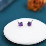 Genuine Amethyst Stud Earrings in Sterling Silver, 4mm Amethyst Crystal Earrings, Natural Purple Amethyst Earrings, Four Prong