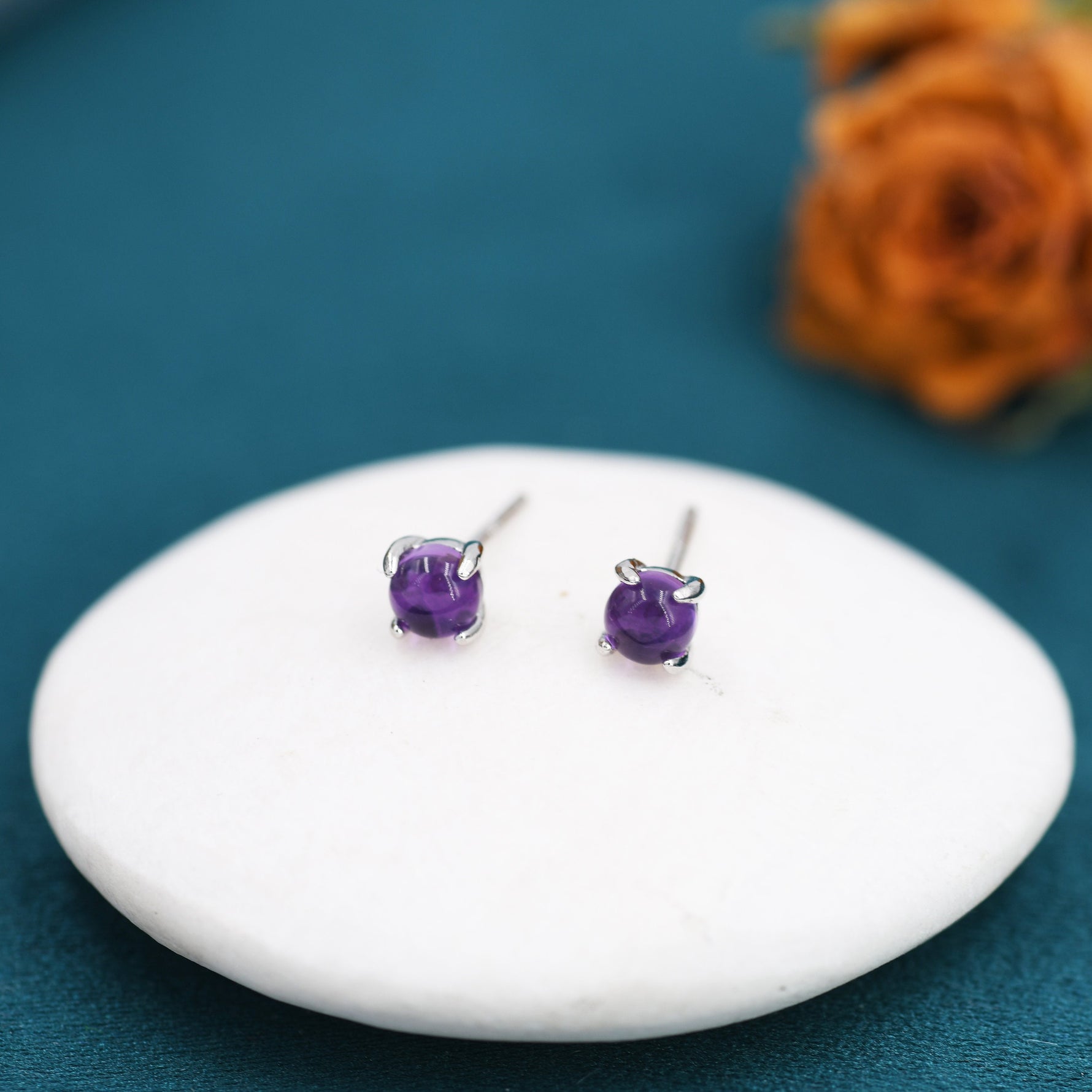 Genuine Amethyst Stud Earrings in Sterling Silver, 4mm Amethyst Crystal Earrings, Natural Purple Amethyst Earrings, Four Prong