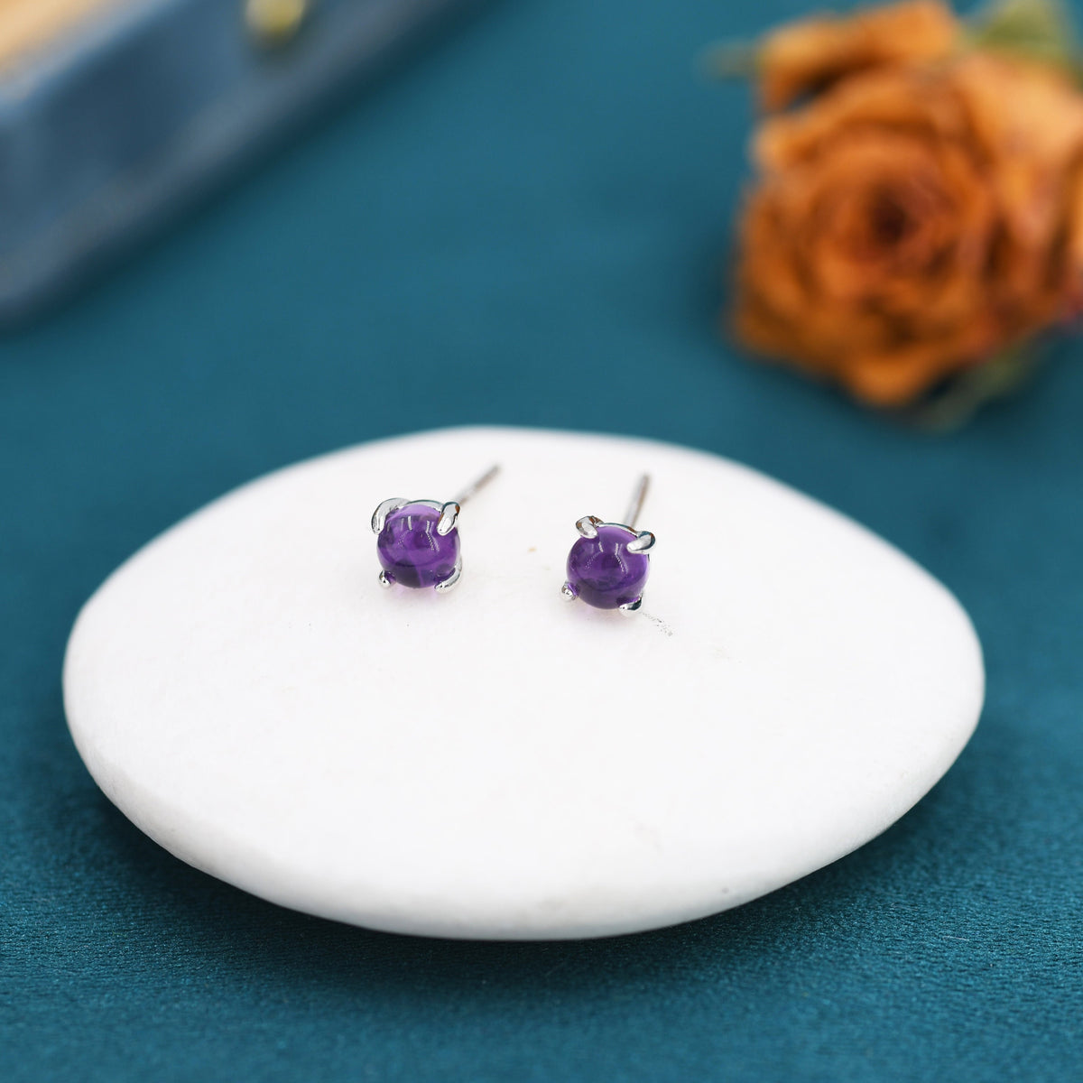 Genuine Amethyst Stud Earrings in Sterling Silver, 4mm Amethyst Crystal Earrings, Natural Purple Amethyst Earrings, Four Prong