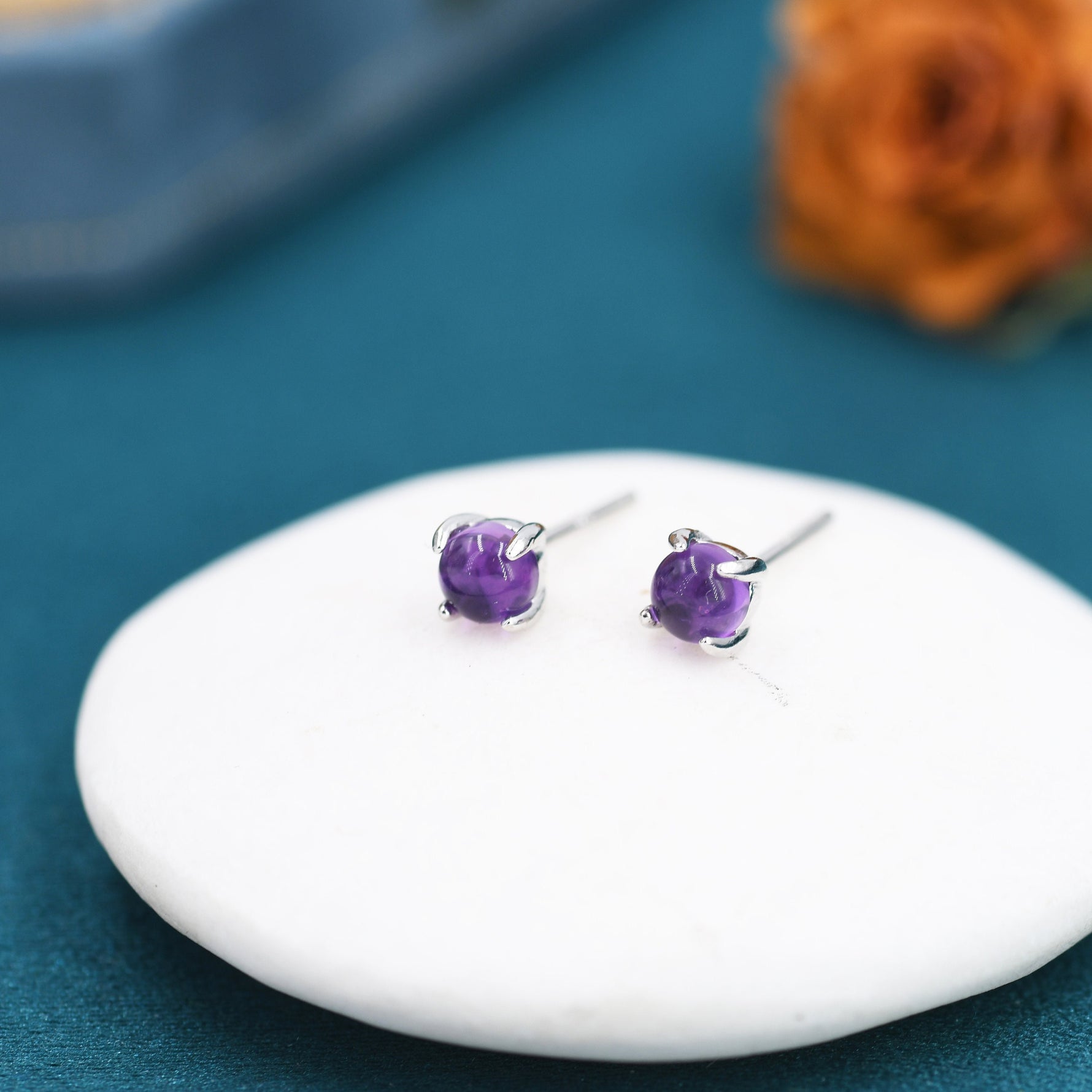 Genuine Amethyst Stud Earrings in Sterling Silver, 4mm Amethyst Crystal Earrings, Natural Purple Amethyst Earrings, Four Prong