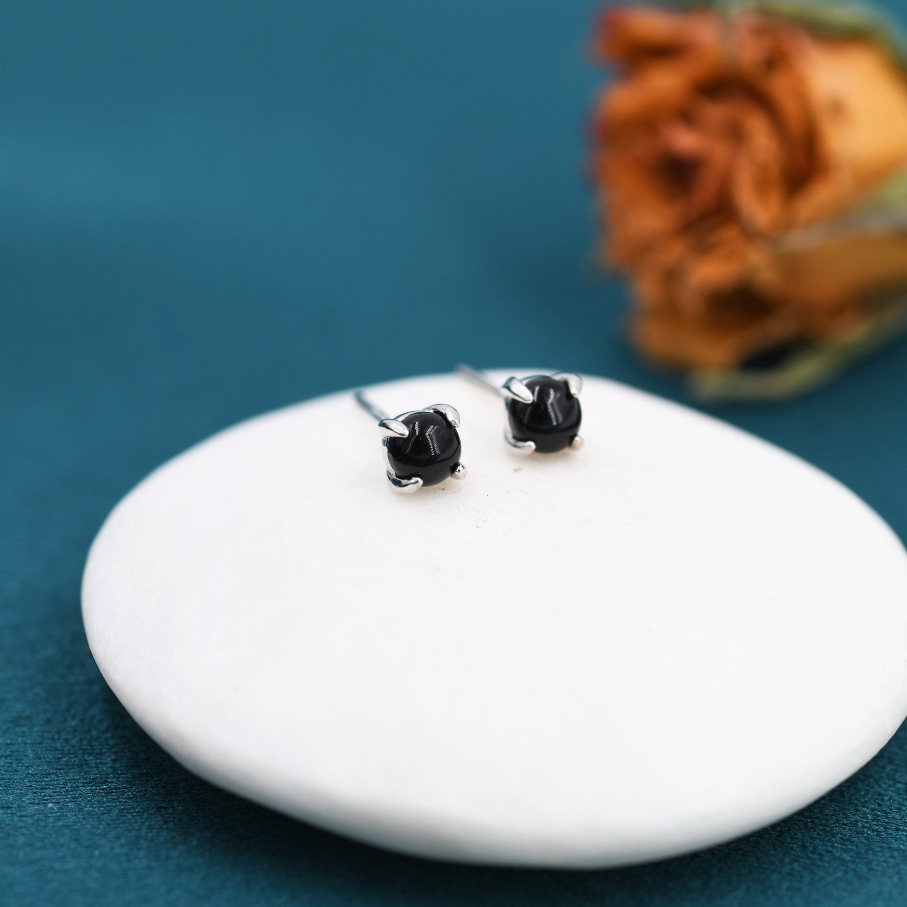 Sterling Silver Black Onyx Stud Earrings, 4mm Genuine Black Onyx Stone, Four Prong Onyx Stud, Semi-precious Jewellery