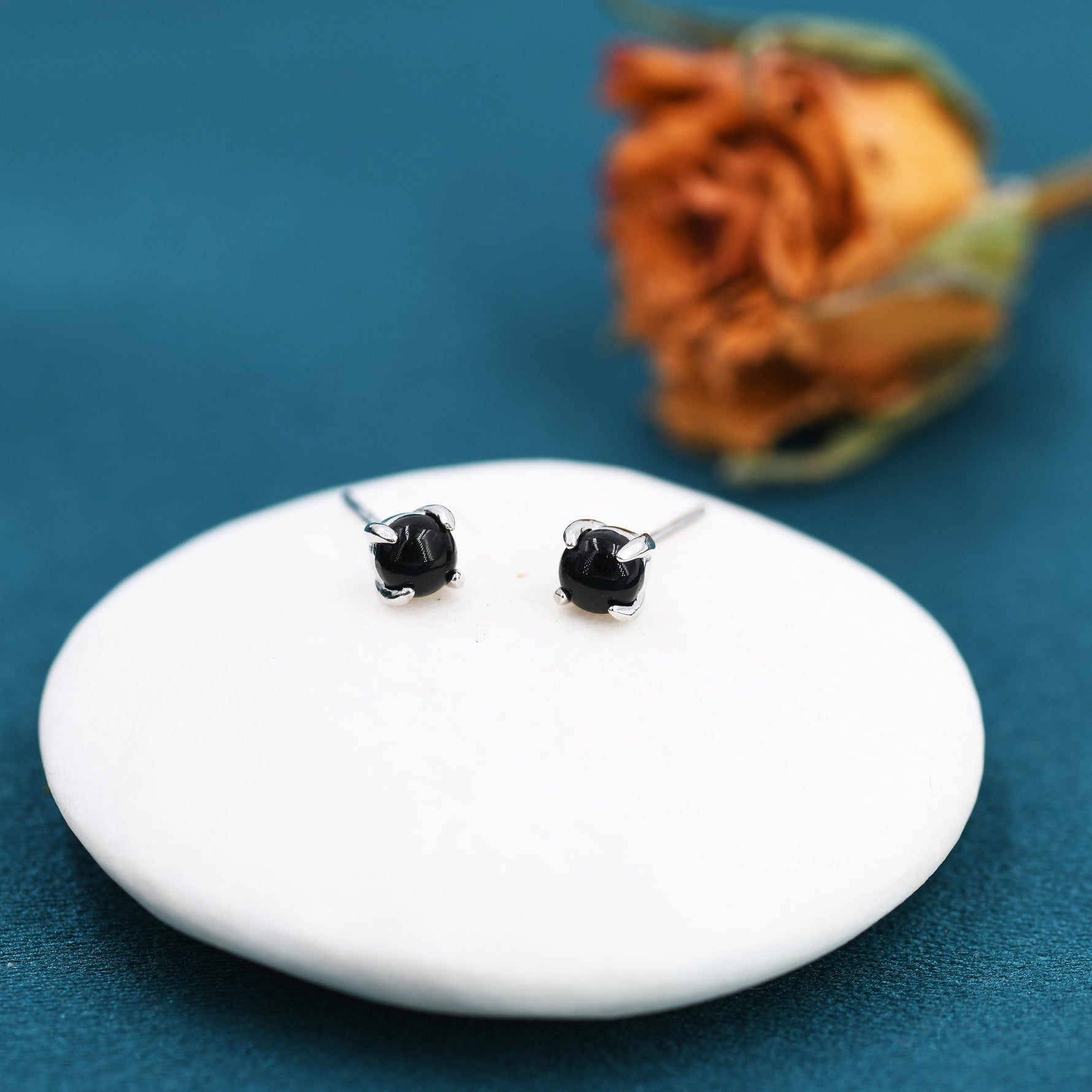 Sterling Silver Black Onyx Stud Earrings, 4mm Genuine Black Onyx Stone, Four Prong Onyx Stud, Semi-precious Jewellery
