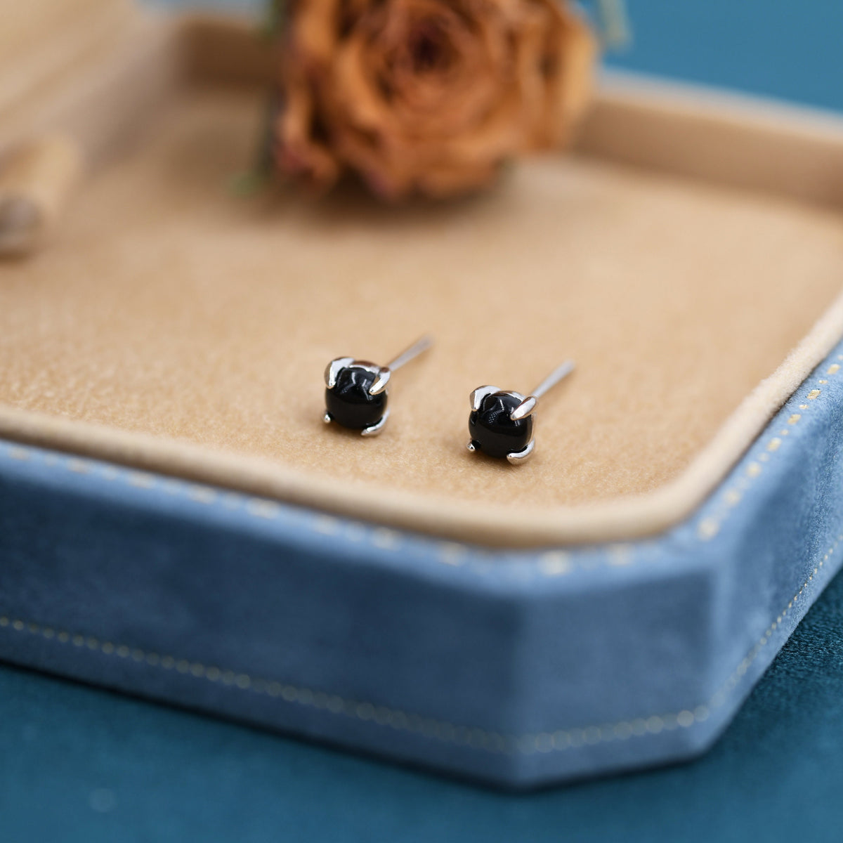 Sterling Silver Black Onyx Stud Earrings, 4mm Genuine Black Onyx Stone, Four Prong Onyx Stud, Semi-precious Jewellery