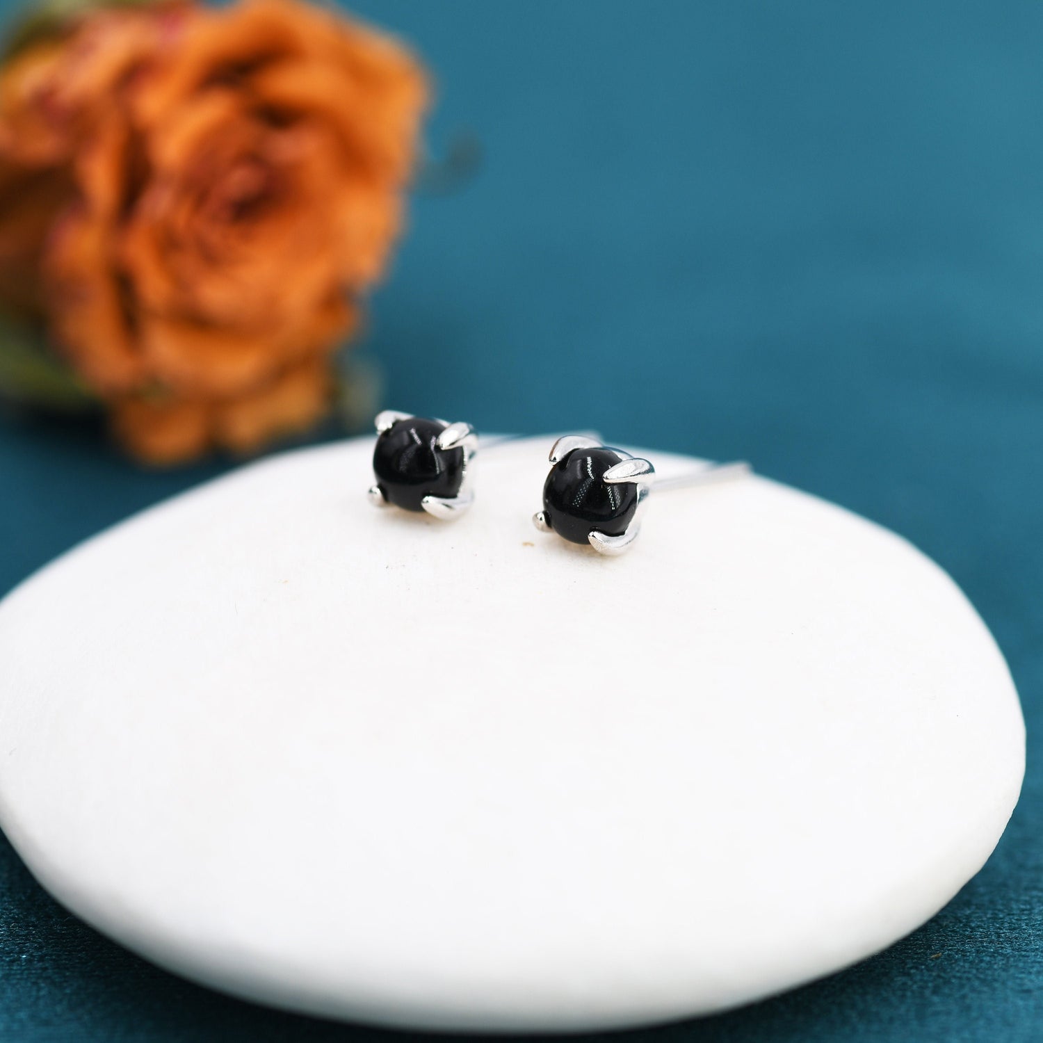 Sterling Silver Black Onyx Stud Earrings, 4mm Genuine Black Onyx Stone, Four Prong Onyx Stud, Semi-precious Jewellery