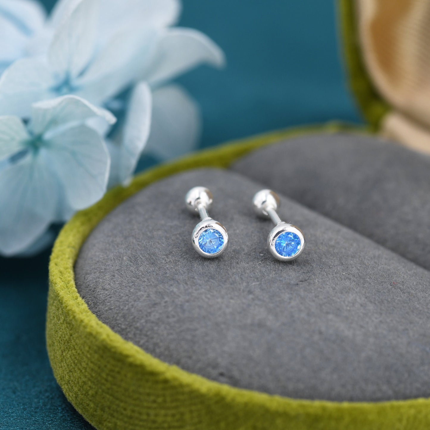 Tiny Aquamarine Blue CZ Barbell Earrings in Sterling Silver, 3mm CZ Screw Back Dot Earrings, Screwback Earrings, March Birthstone