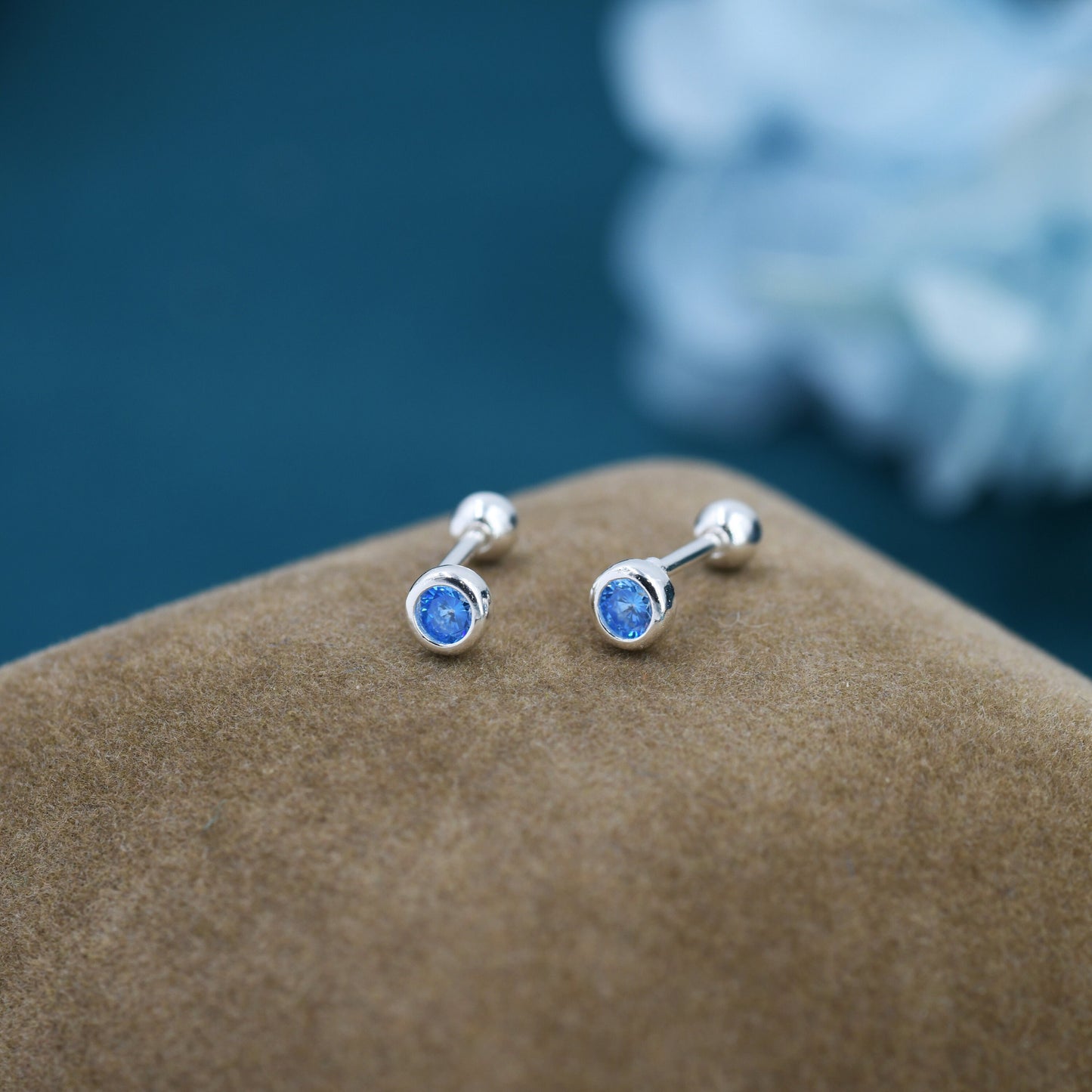 Tiny Aquamarine Blue CZ Barbell Earrings in Sterling Silver, 3mm CZ Screw Back Dot Earrings, Screwback Earrings, March Birthstone