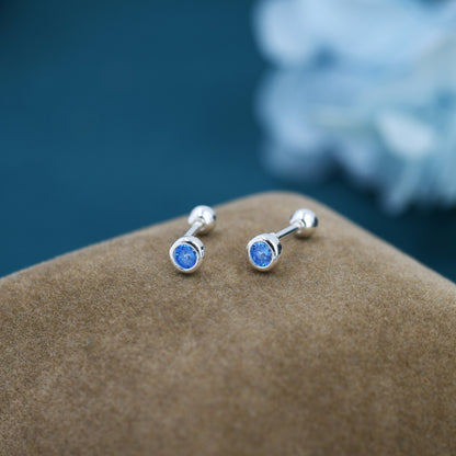 Tiny Aquamarine Blue CZ Barbell Earrings in Sterling Silver, 3mm CZ Screw Back Dot Earrings, Screwback Earrings, March Birthstone