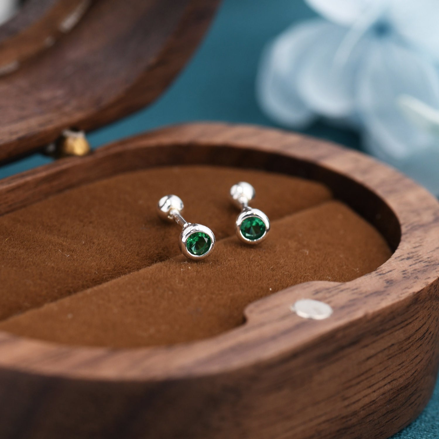 Tiny Emerald Green CZ Barbell Earrings in Sterling Silver, 3mm CZ Screw Back Dot Earrings, Screwback Earrings, May Birthstone