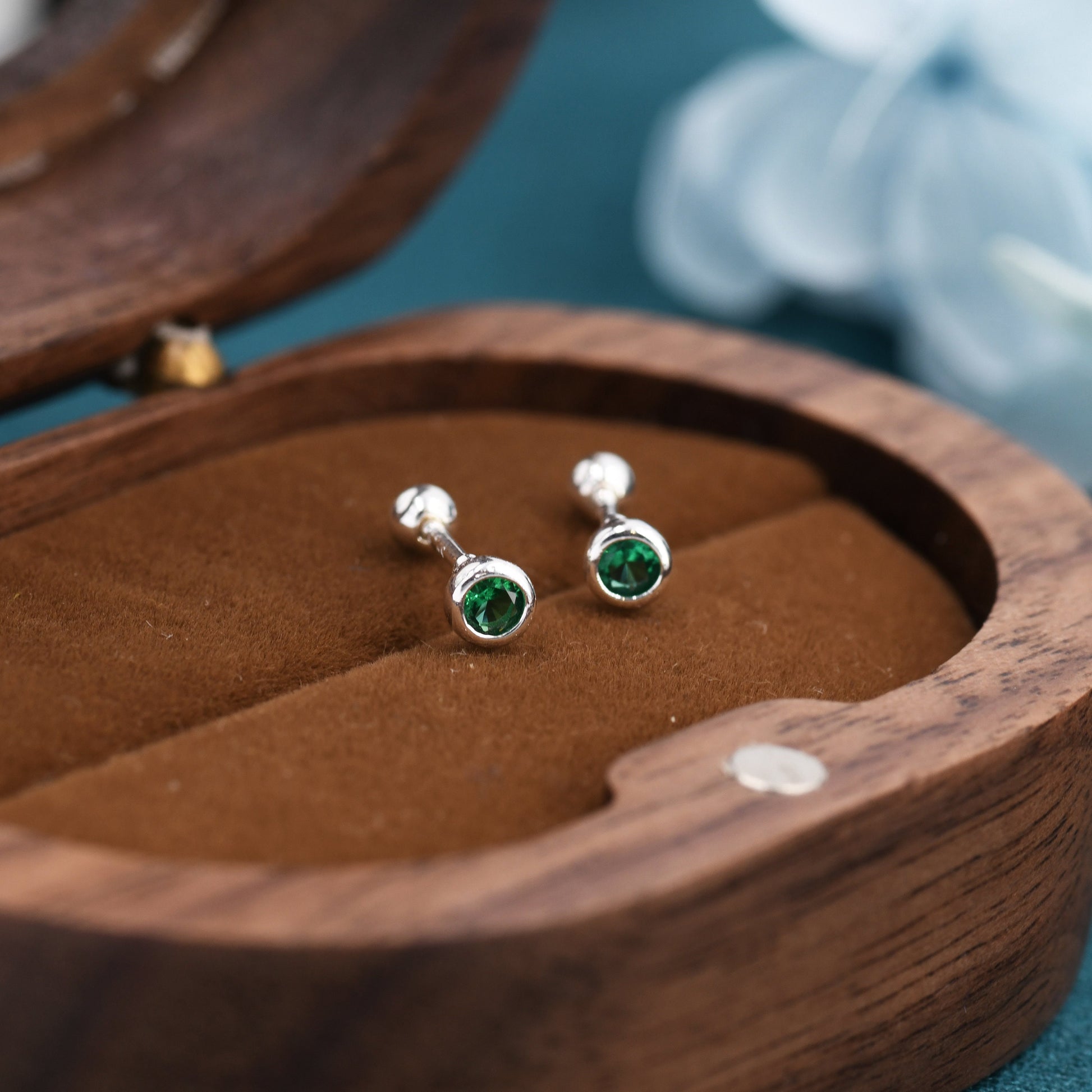 Tiny Emerald Green CZ Barbell Earrings in Sterling Silver, 3mm CZ Screw Back Dot Earrings, Screwback Earrings, May Birthstone