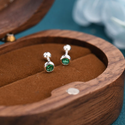 Tiny Emerald Green CZ Barbell Earrings in Sterling Silver, 3mm CZ Screw Back Dot Earrings, Screwback Earrings, May Birthstone