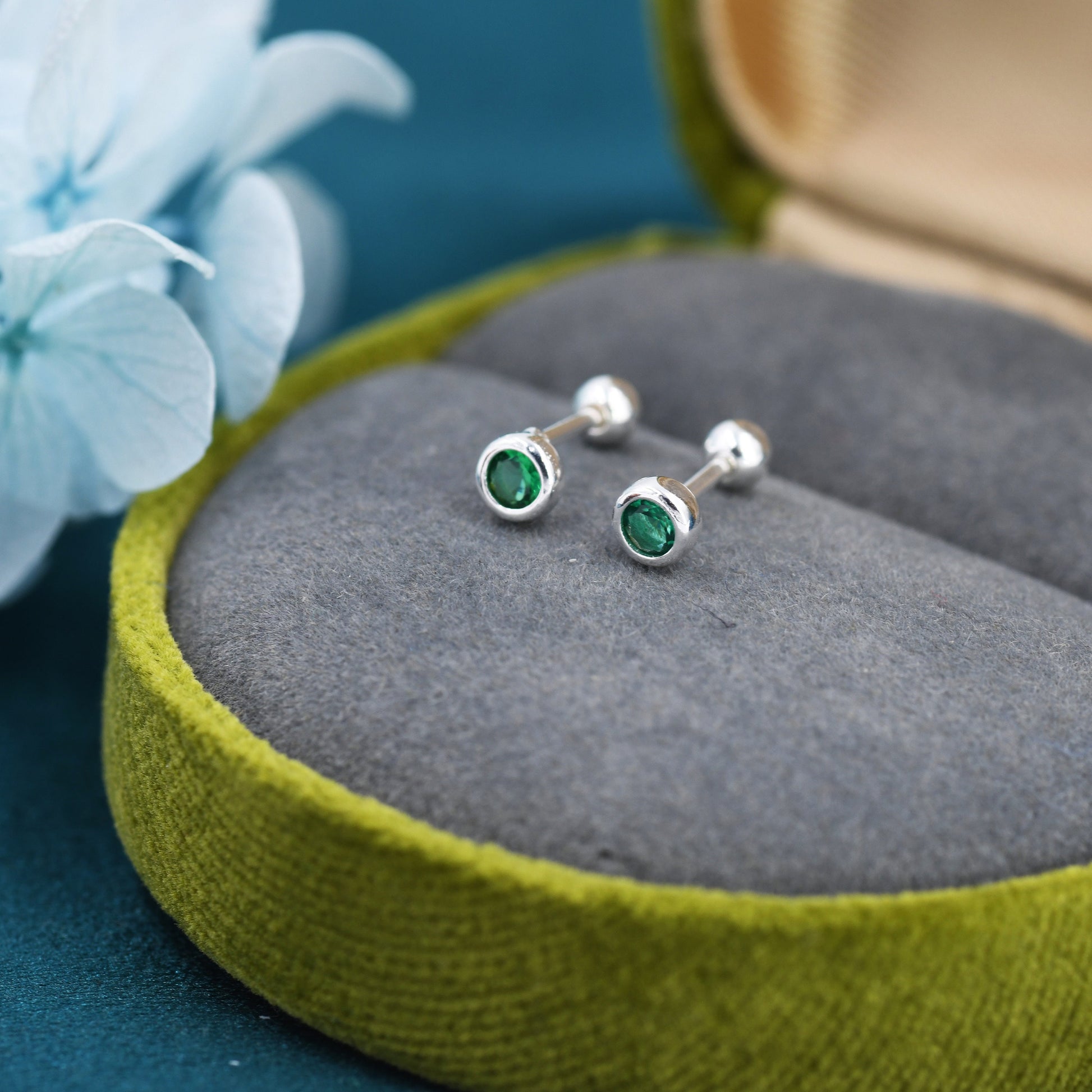 Tiny Emerald Green CZ Barbell Earrings in Sterling Silver, 3mm CZ Screw Back Dot Earrings, Screwback Earrings, May Birthstone