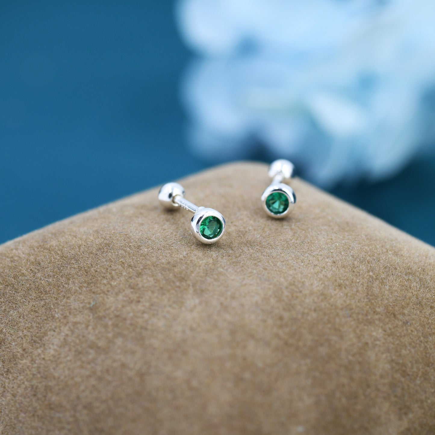 Tiny Emerald Green CZ Barbell Earrings in Sterling Silver, 3mm CZ Screw Back Dot Earrings, Screwback Earrings, May Birthstone