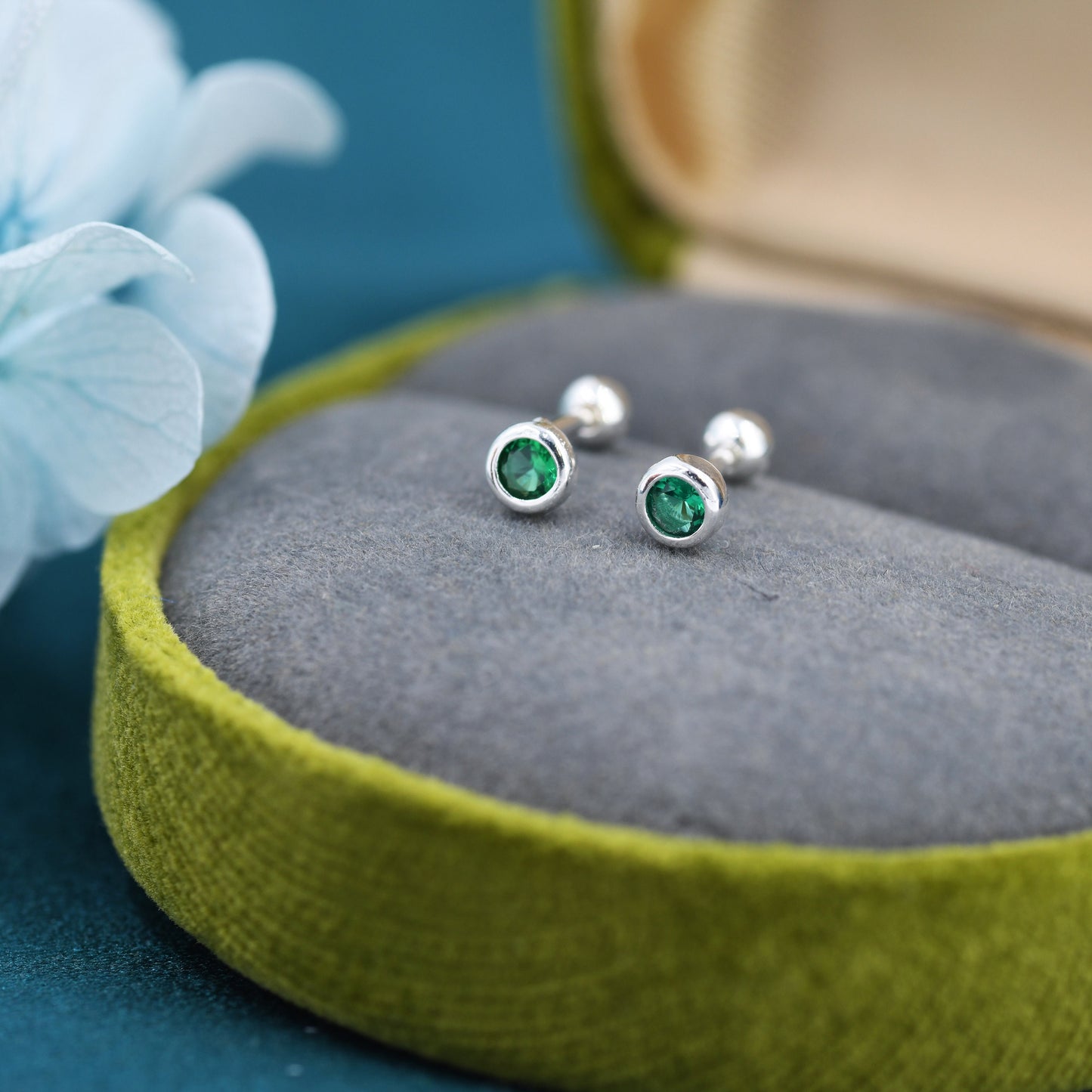 Tiny Emerald Green CZ Barbell Earrings in Sterling Silver, 3mm CZ Screw Back Dot Earrings, Screwback Earrings, May Birthstone
