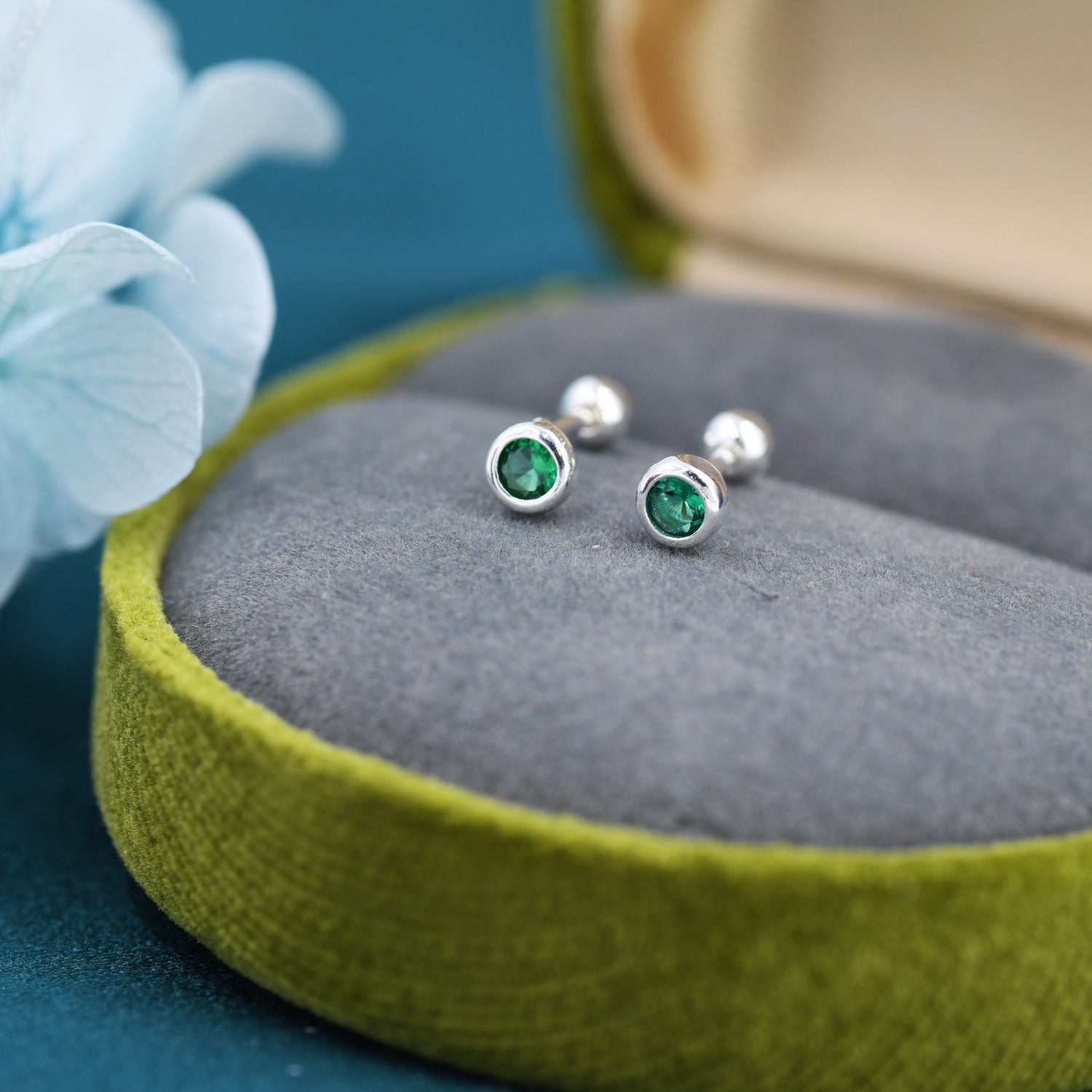Tiny Emerald Green CZ Barbell Earrings in Sterling Silver, 3mm CZ Screw Back Dot Earrings, Screwback Earrings, May Birthstone