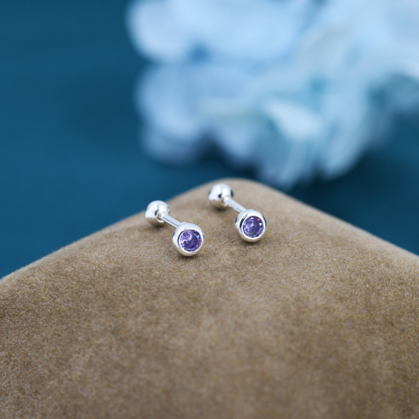 Tiny Amethyst Purple CZ Barbell Earrings in Sterling Silver,  3mm CZ Screw Back Dot Earrings, Screwback Earrings, February Birthstone