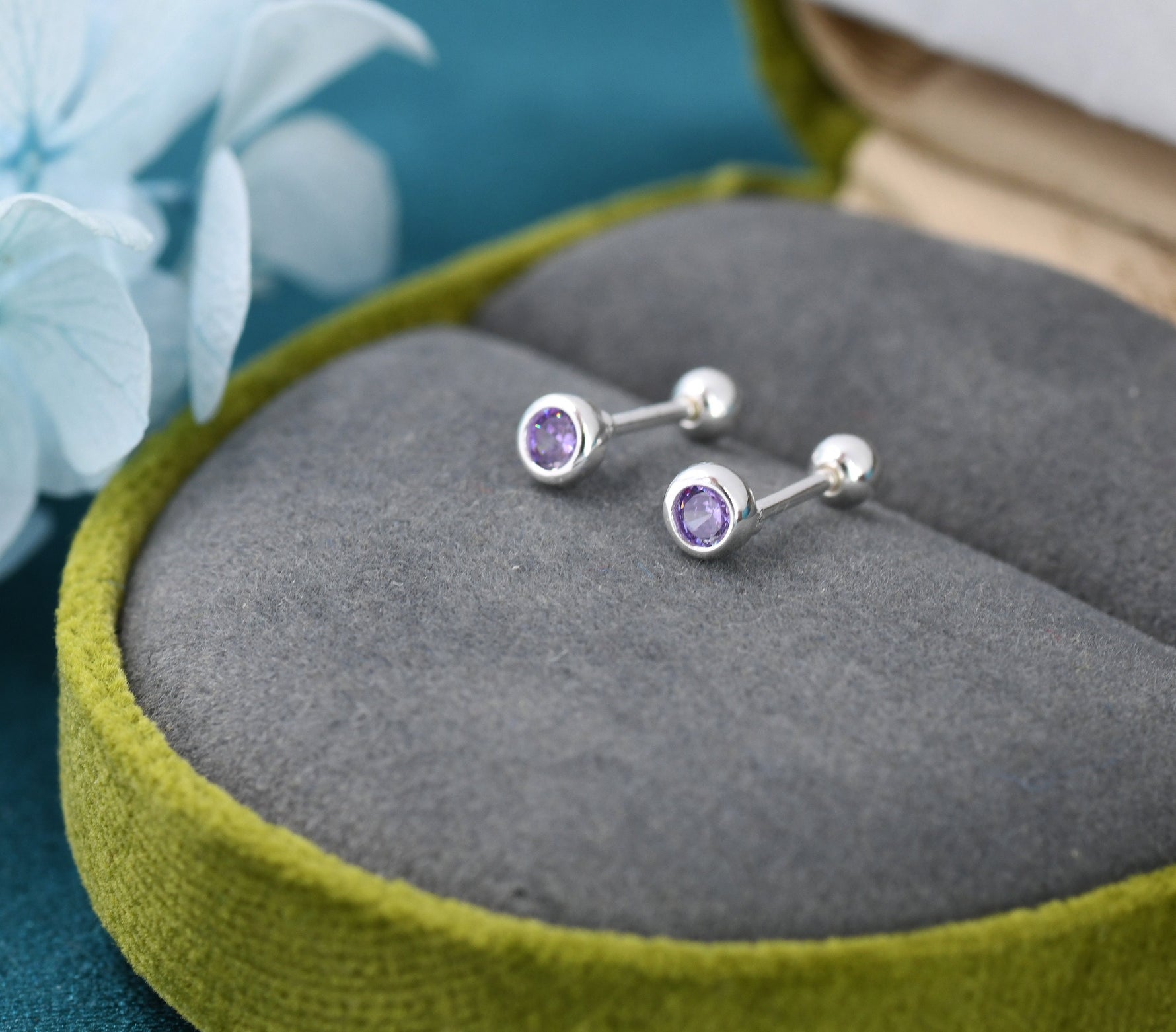 Tiny Amethyst Purple CZ Barbell Earrings in Sterling Silver, 3mm CZ Screw Back Dot Earrings, Screwback Earrings, February Birthstone
