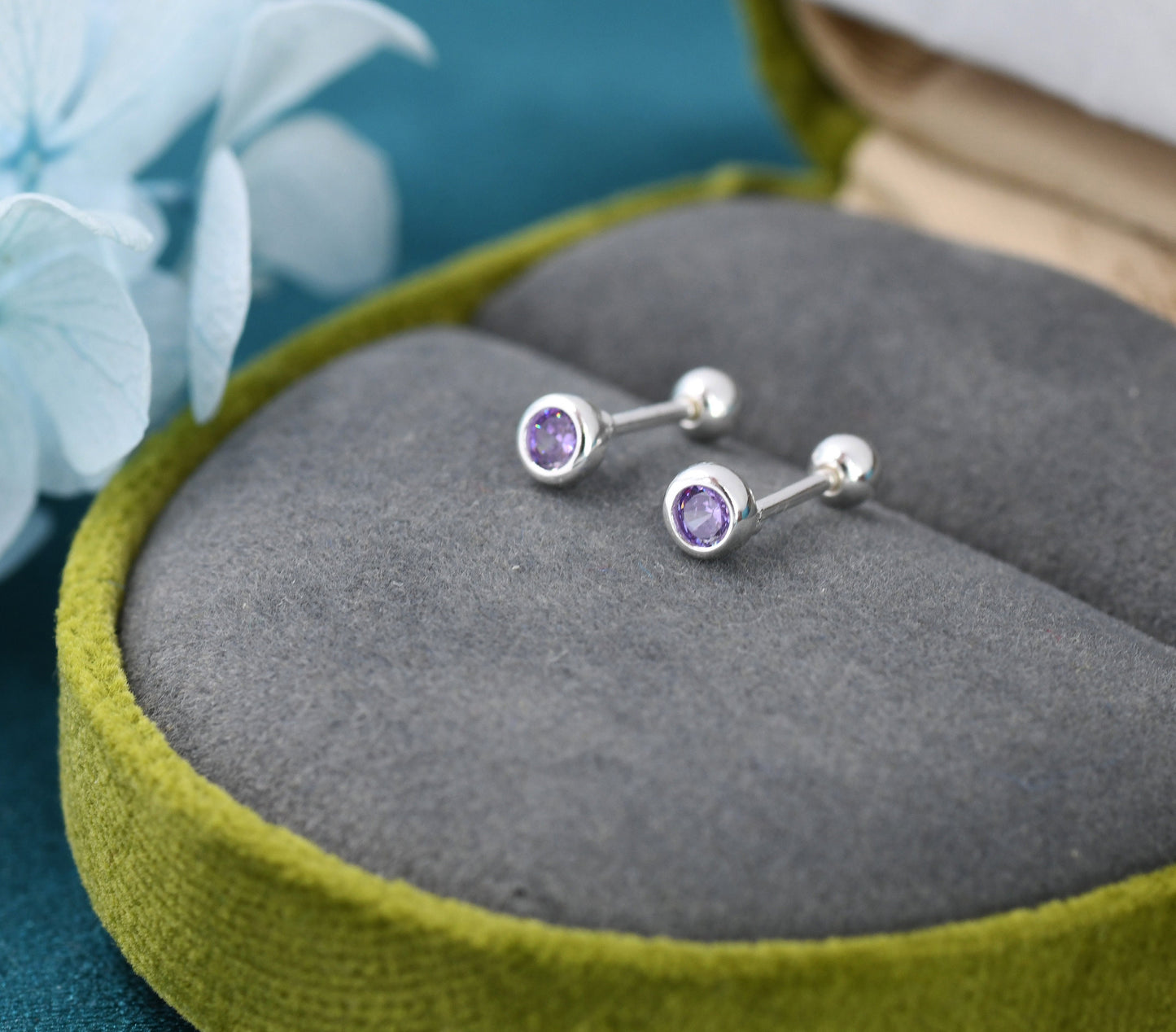 Tiny Amethyst Purple CZ Barbell Earrings in Sterling Silver,  3mm CZ Screw Back Dot Earrings, Screwback Earrings, February Birthstone