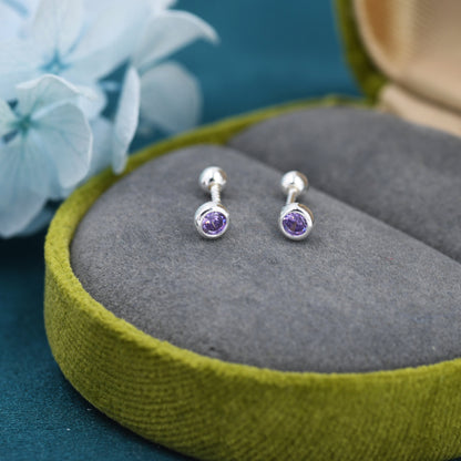 Tiny Amethyst Purple CZ Barbell Earrings in Sterling Silver,  3mm CZ Screw Back Dot Earrings, Screwback Earrings, February Birthstone