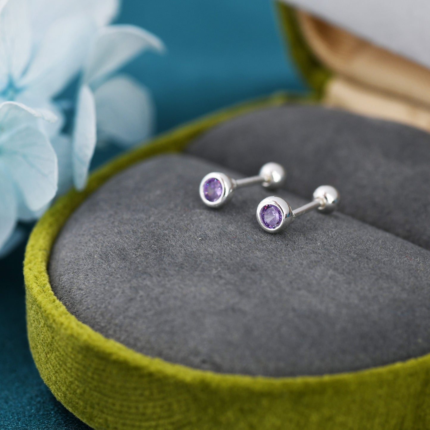 Tiny Amethyst Purple CZ Barbell Earrings in Sterling Silver, 3mm CZ Screw Back Dot Earrings, Screwback Earrings, February Birthstone