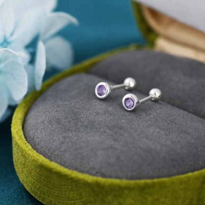 Tiny Amethyst Purple CZ Barbell Earrings in Sterling Silver,  3mm CZ Screw Back Dot Earrings, Screwback Earrings, February Birthstone